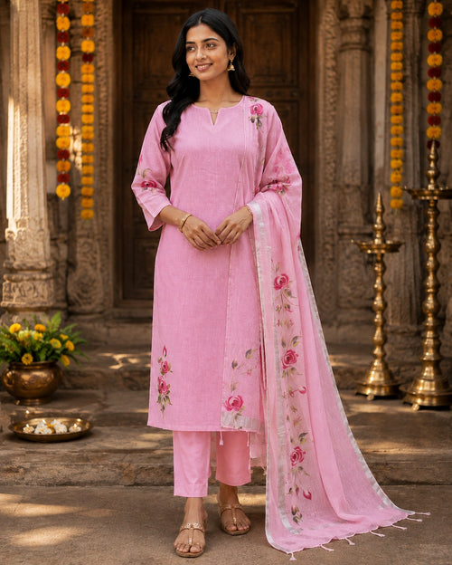 Elegant Orchid Pink Linen Cotton Printed Kurta Set with Dupatta