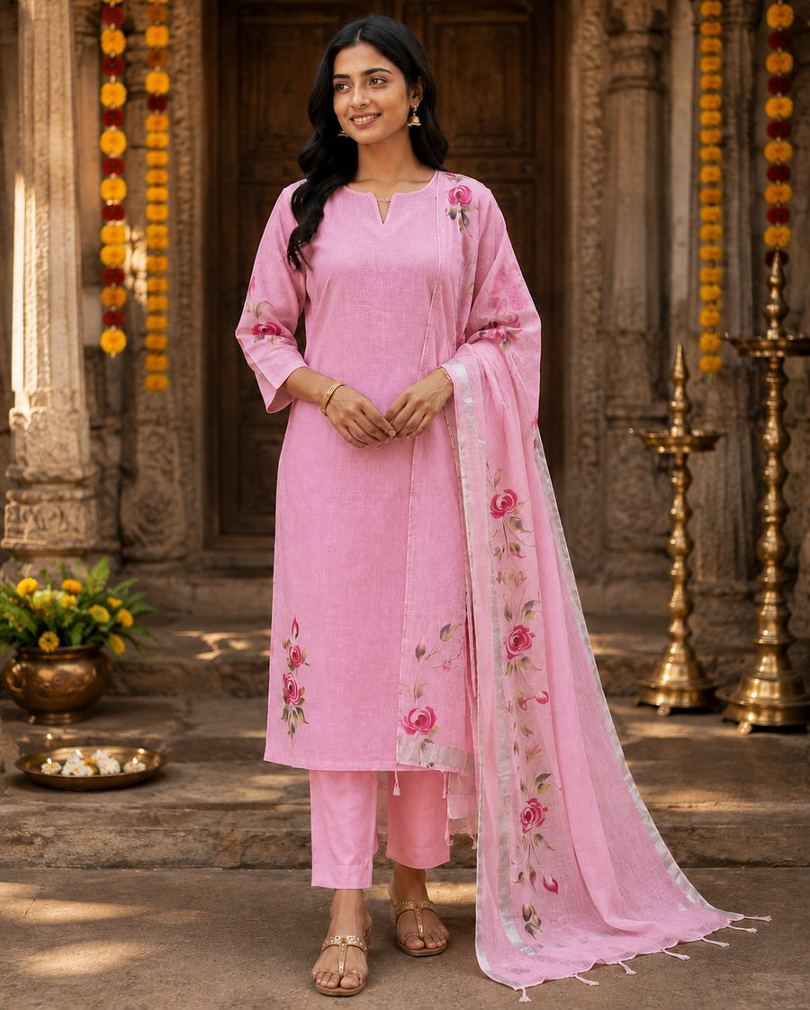 Elegant Orchid Pink Linen Cotton Printed Kurta Set with Dupatta