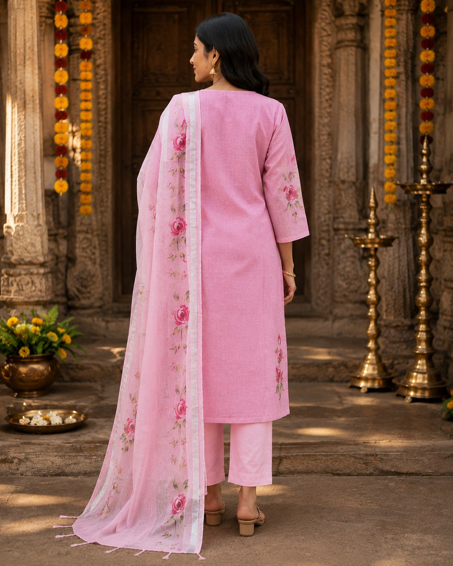 Elegant Orchid Pink Linen Cotton Printed Kurta Set with Dupatta
