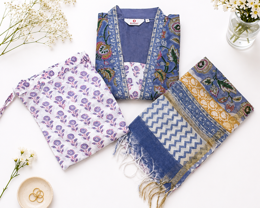 Three folded garments displayed on a white background with decorative flowers and a small dish: a blue patterned vest, a white floral top, and a blue patterned dupatta.