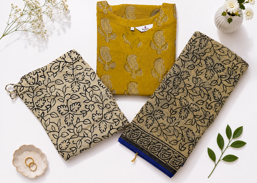 A  yellow kurta with beige floral prints is displayed with two matching printed fabric pieces on a  background, styled with small flowers, a leaf, and a ring dish.