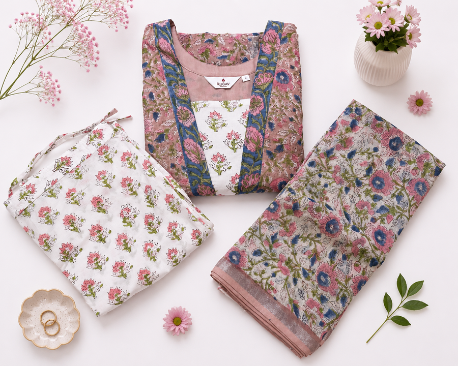Three folded floral printed fabric pieces arranged on a white background with decorative flowers and a small dish of rings. The set includes a dusty pink vest-like top, a white fabric piece with pink floral print, and a beige fabric piece with blue and pink floral print and pink border.