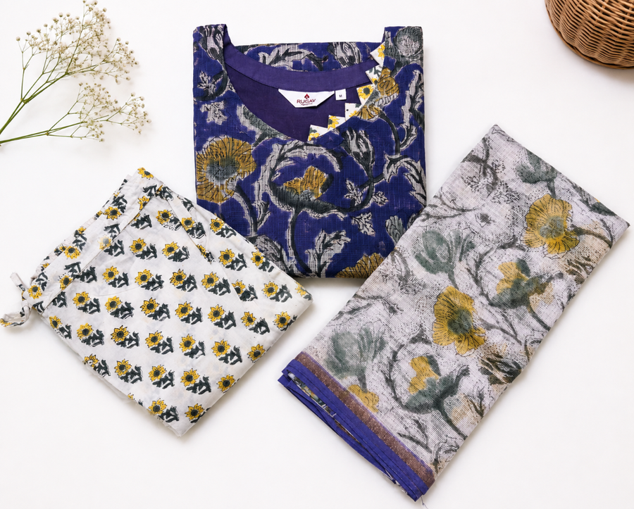 Three folded cotton garments laid out on a white background: a royal blue top with yellow and green floral print, a white bottom with small yellow and green floral motifs, and a light gray dupatta with large yellow and green floral print and a blue border. 