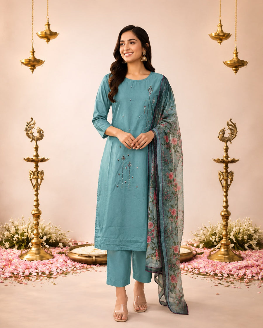 Sage Bloom Elegance Women's Kurti Set