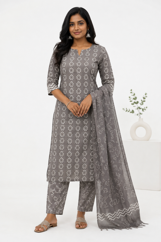 A woman modeling a gray three-piece salwar kameez suit with white floral embroidery, matching pants, and a sheer gray dupatta with a white border, set against a clean white background.
