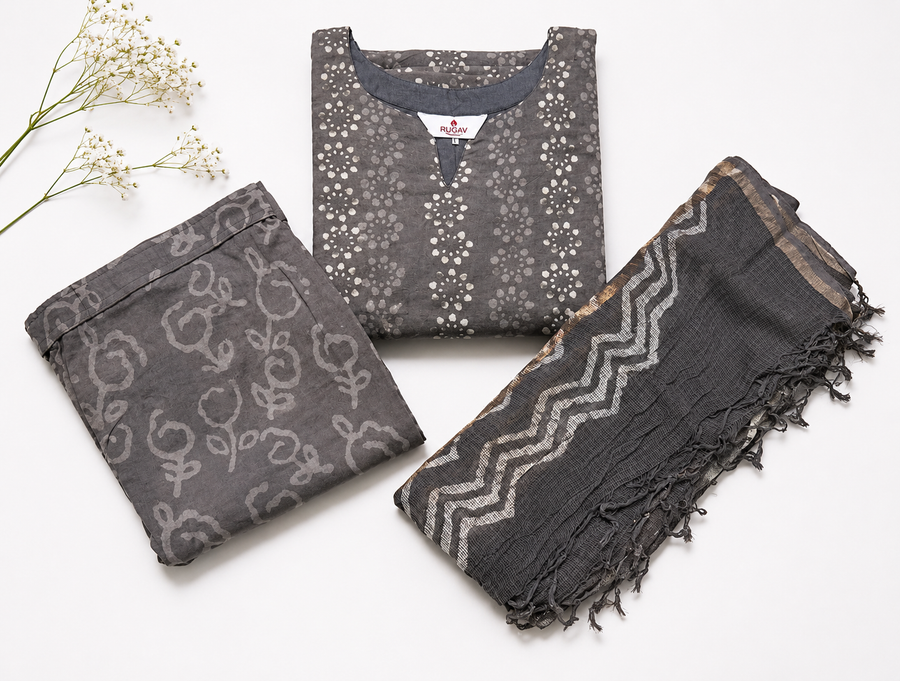 Three folded garments and a matching dupatta set in dark gray and charcoal tones with white floral and geometric patterns, arranged on a white background with small white flowers as styling props.