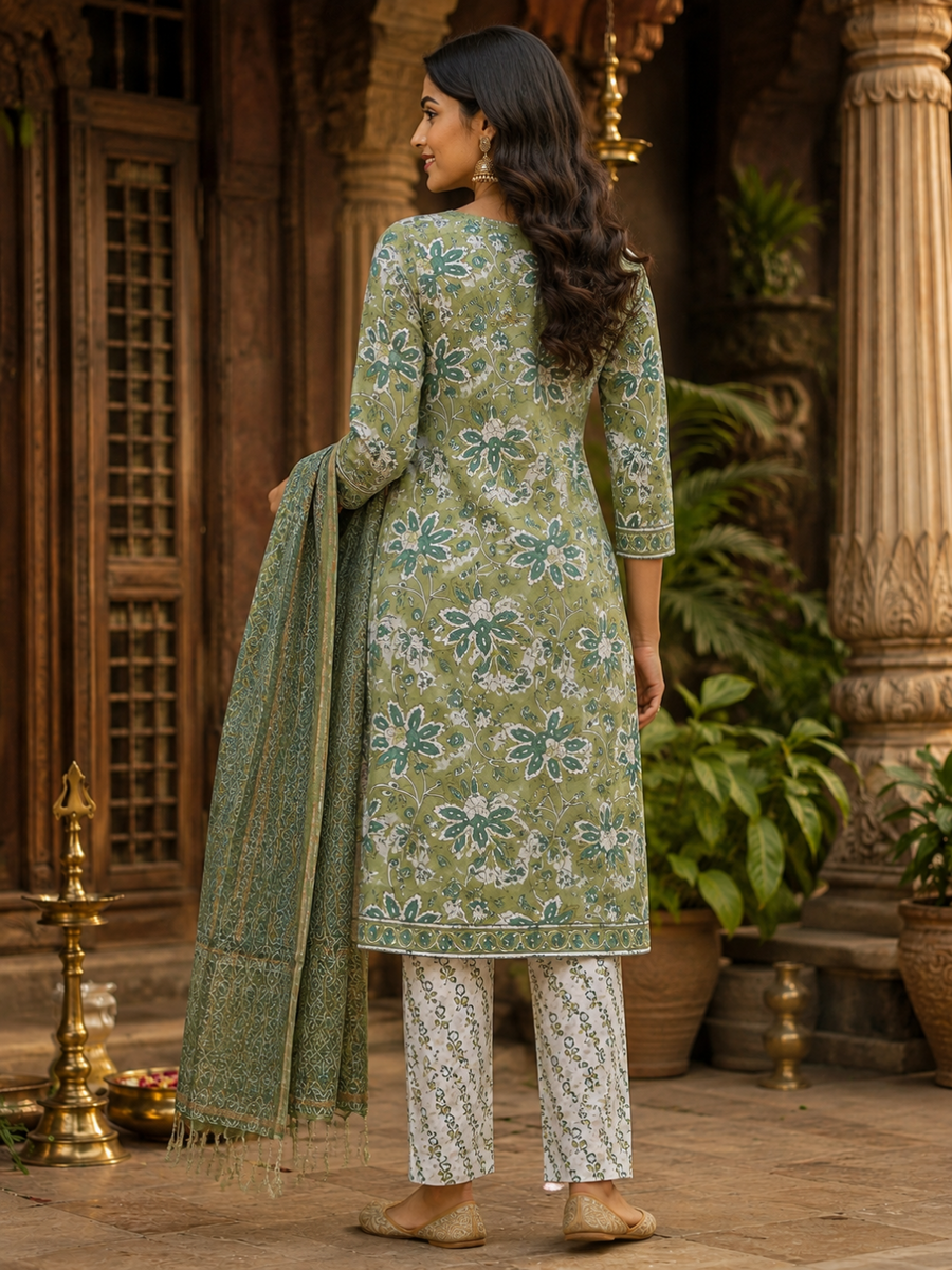 A woman stands with her back to the camera wearing a sage green printed kurta with white and teal floral motifs, white patterned pants, and holding a matching sage green printed dupatta in an ornate courtyard setting.