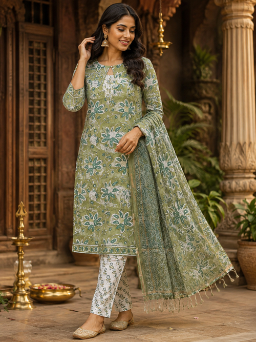 A woman models a traditional Indian salwar kameez suit set in a courtyard setting. The set features a sage green and white floral print kurta with matching printed trousers and a dupatta.