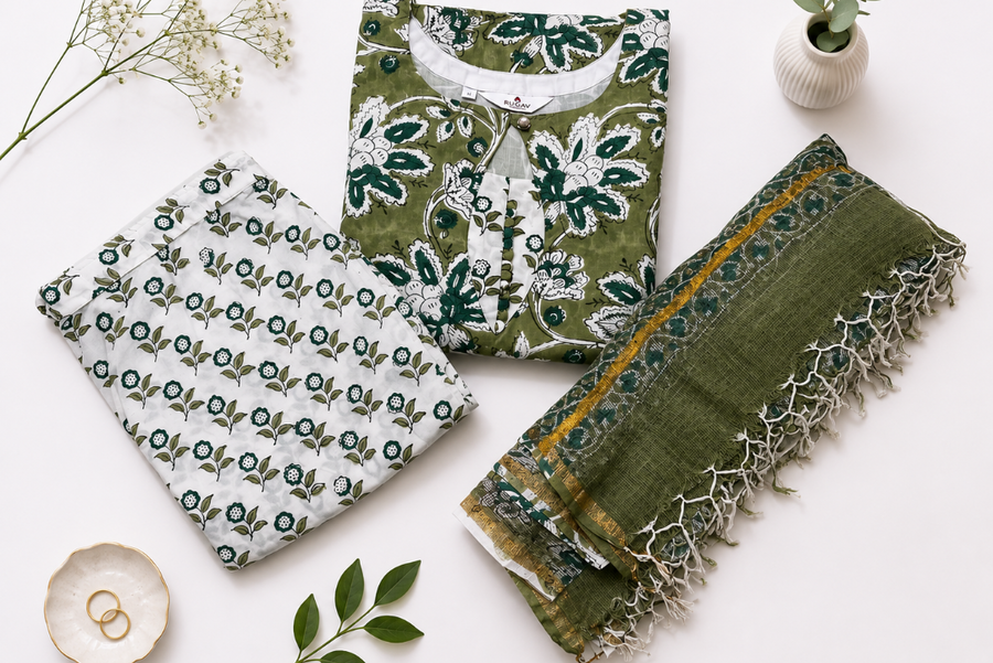 Three folded pieces of printed fabric laid out on a white background: an sage green kurta-style top with white floral print, a white bottom with green repeating floral motifs, and an olive green scarf with a gold/yellow border and white lace trim.